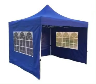 Blue canopy tent with sidewalls and Windows.