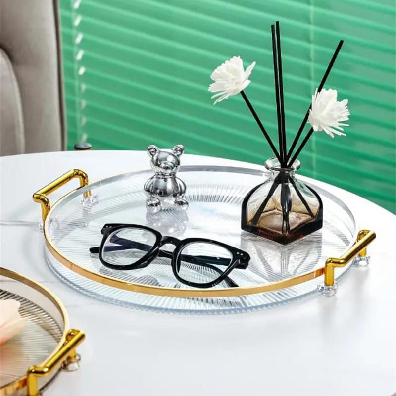 Acrylic Round Vanity Tray with Gold Handles