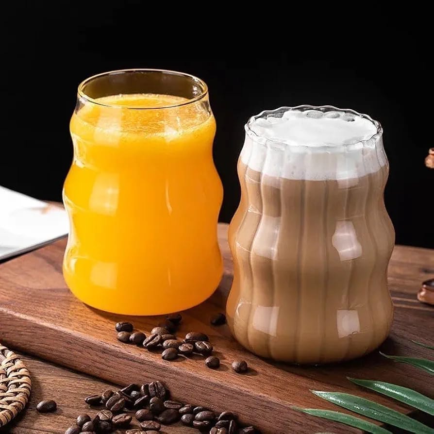 600 ml High Quality borosilicate strip glass with wooden lid and straw (set of 3)