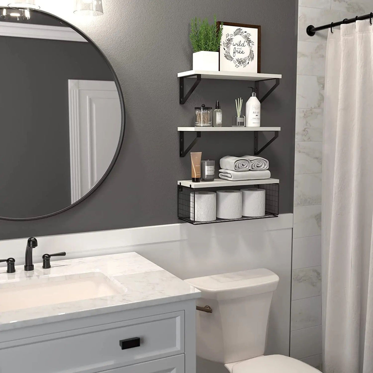 Solid pine wood bathroom floating shelves
