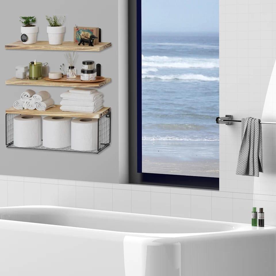 Solid pine wood bathroom floating shelves