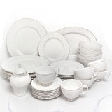 39 Piece White Porcelain Ceramic Dinner Set with Gold Rim 6 Plates 6 Bowls 6 Cups Saucers Platter Kettle