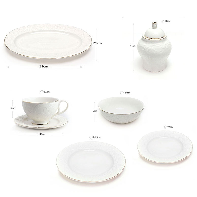 39 Piece White Porcelain Ceramic Dinner Set with Gold Rim 6 Plates 6 Bowls 6 Cups Saucers Platter Kettle