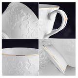 39 Piece White Porcelain Ceramic Dinner Set with Gold Rim 6 Plates 6 Bowls 6 Cups Saucers Platter Kettle