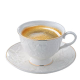 39 Piece White Porcelain Ceramic Dinner Set with Gold Rim 6 Plates 6 Bowls 6 Cups Saucers Platter Kettle