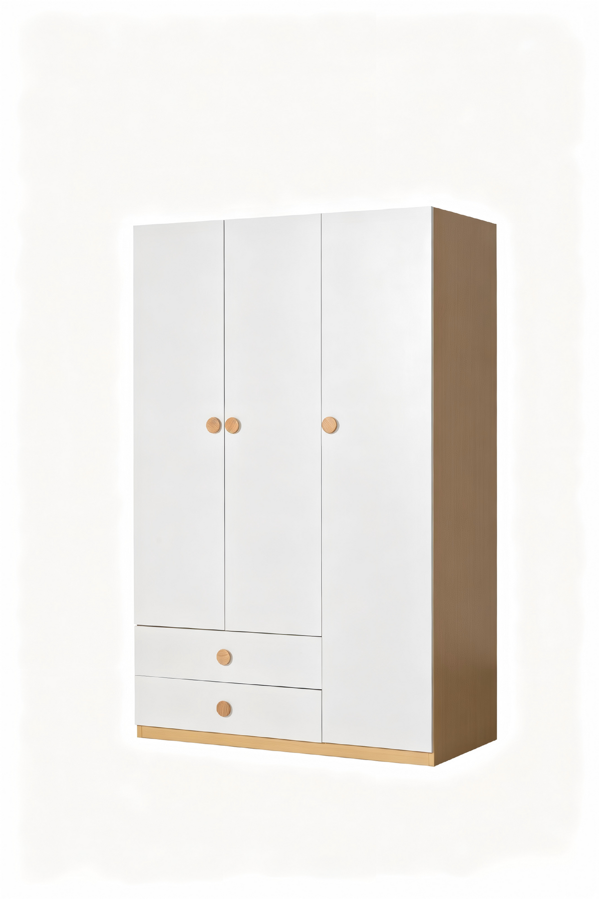 Steel Wardrobe 3 Door 120cm with 2 Drawers, Wood Effect Sides | Metal Wardrobe with Round Knobs, Optional Top Cabinet