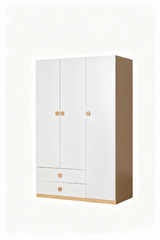 Steel Wardrobe 3 Door 120cm with 2 Drawers, Wood Effect Sides | Metal Wardrobe with Round Knobs, Optional Top Cabinet