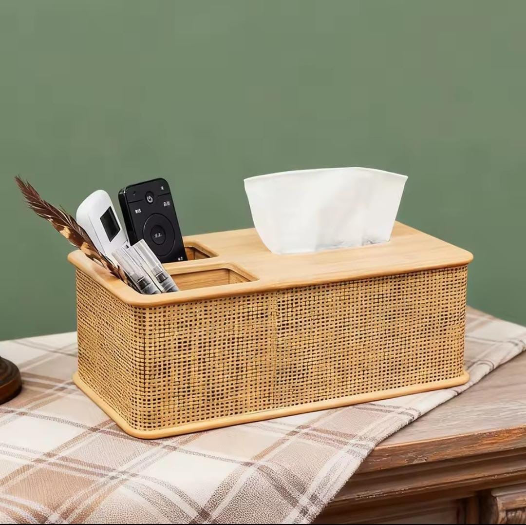 Rattan Serviette & Napkin Holder, Condiment Caddy & Menu Holder – 3-in-1 Modern Dining Table Organiser