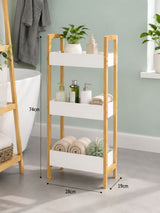 Bathlux 3 Tier Slim Bathroom Rack, White Tray Shelves on Bamboo Frame, 74cm Toilet Side Shelf