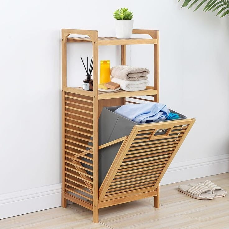 Tilt Out Laundry Hamper, Bamboo Laundry Hamper with Storage Shelves, Laundry Hamper Cabinet Tilt Out Basket with Removable Liner Bag