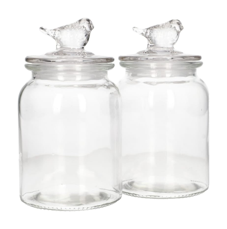 980ml Glass Storage Jars Set of 2 | Clear Pantry Jars with Bird Lid
