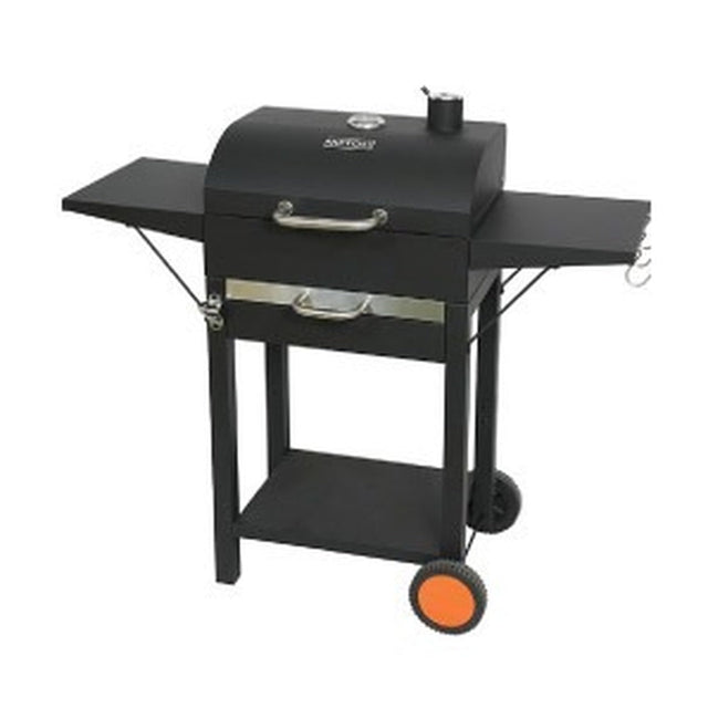 American style charcoal BBQ grill with lid, thermometer, side shelves and wheels