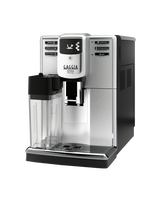Gaggia Anima Prestige bean to cup coffee machine with integrated milk carafe, front view on a plain background