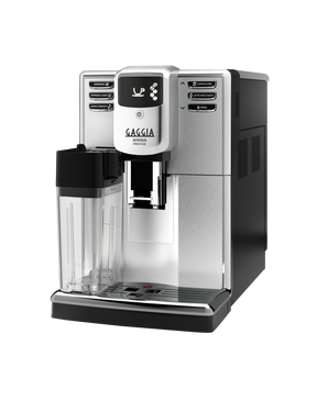 Gaggia Anima Prestige bean to cup coffee machine with integrated milk carafe, front view on a plain background