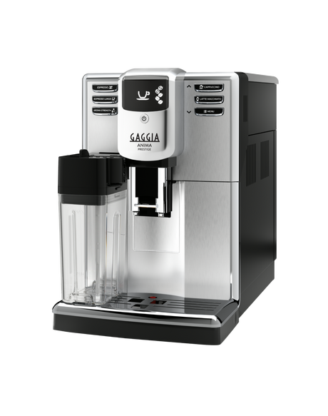 Gaggia Anima Prestige bean to cup coffee machine with integrated milk carafe, front view on a plain background