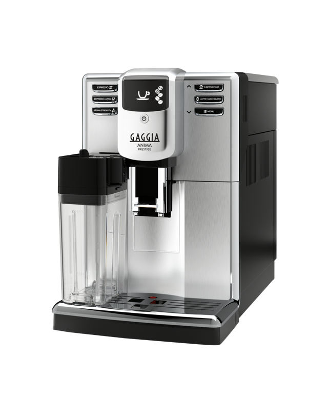 Gaggia Anima Prestige bean to cup coffee machine with integrated milk carafe, front view on a plain background