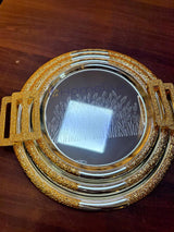 Luxury Serving Tray Set 3 Pieces Iron Steel Serving Tray Set Full Nickel With Gold Handle