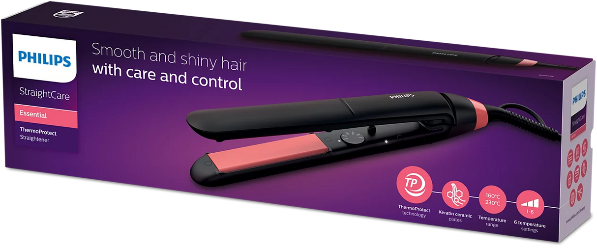 Philips StraightCare Essential ThermoProtect Straightener - Keratin-Infused 100mm Plates, 6 Settings, Auto Shut-Off