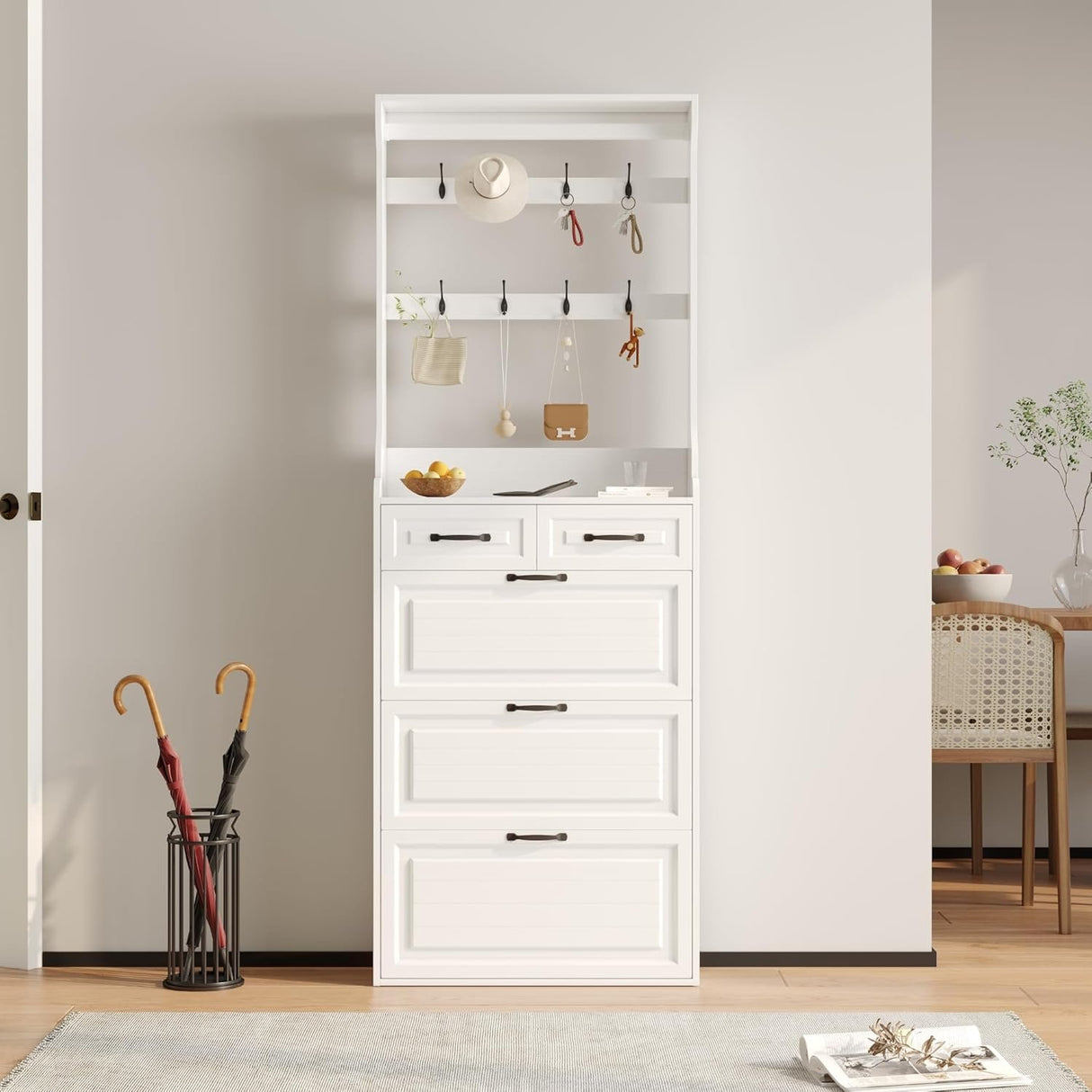 Shoe Cabinet for Entryway,Narrow Shoe Storage Organizer Cabinet with 3 Doors 2 Drawers,White Flip Down Shoe Rack with Hooks,Wood Entry Shoe Cabinet for Living Room,Hallway