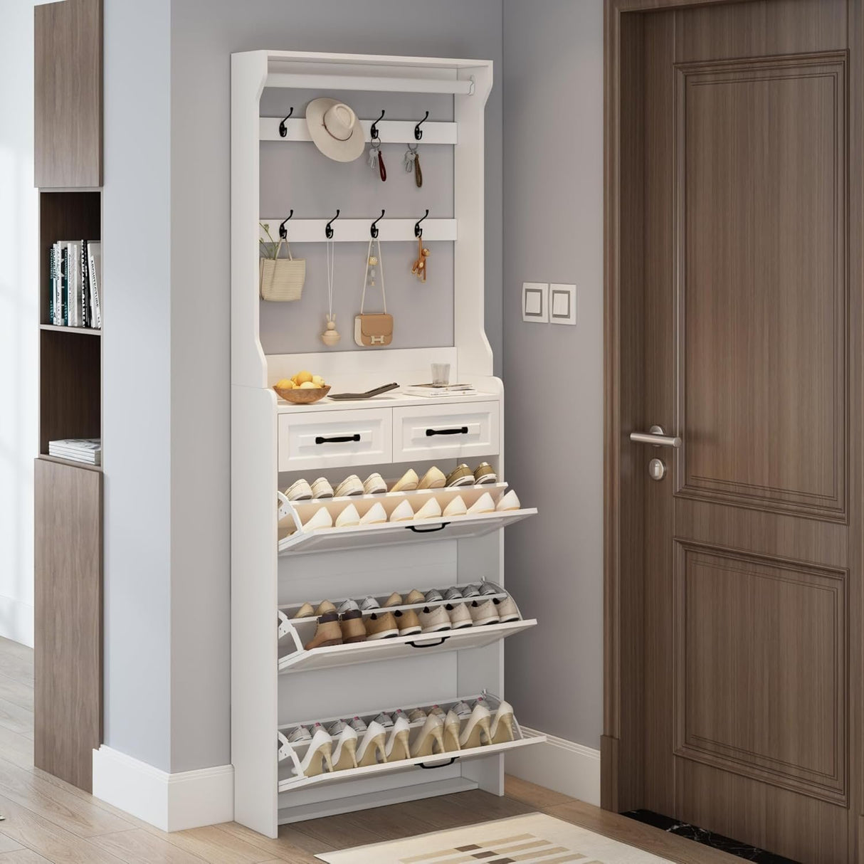 Shoe Cabinet for Entryway,Narrow Shoe Storage Organizer Cabinet with 3 Doors 2 Drawers,White Flip Down Shoe Rack with Hooks,Wood Entry Shoe Cabinet for Living Room,Hallway