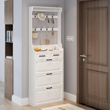 Shoe Cabinet for Entryway,Narrow Shoe Storage Organizer Cabinet with 3 Doors 2 Drawers,White Flip Down Shoe Rack with Hooks,Wood Entry Shoe Cabinet for Living Room,Hallway