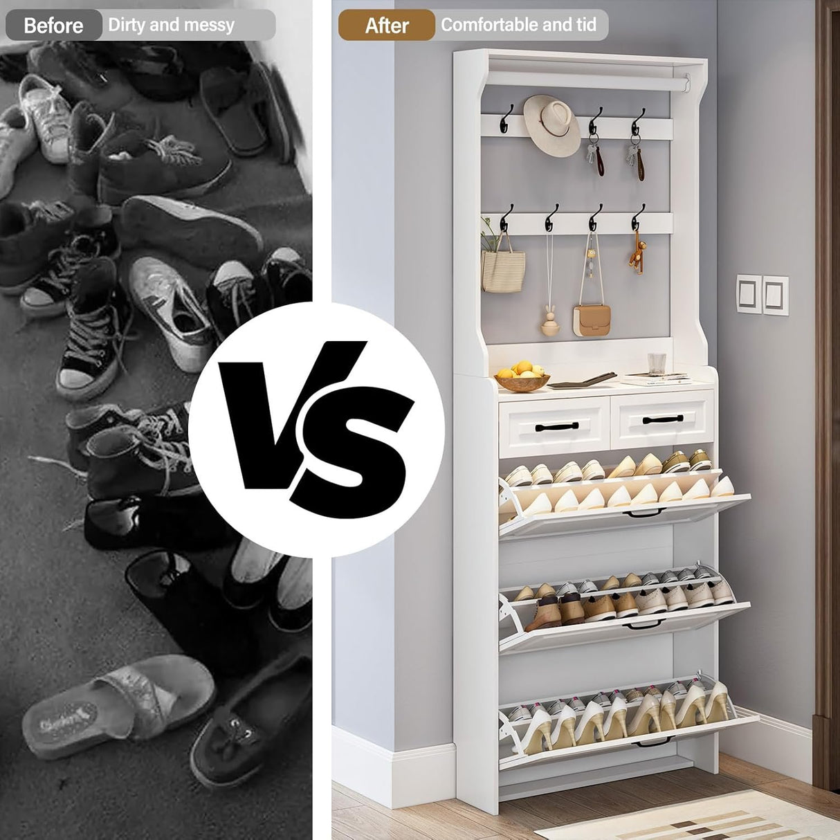 Shoe Cabinet for Entryway,Narrow Shoe Storage Organizer Cabinet with 3 Doors 2 Drawers,White Flip Down Shoe Rack with Hooks,Wood Entry Shoe Cabinet for Living Room,Hallway
