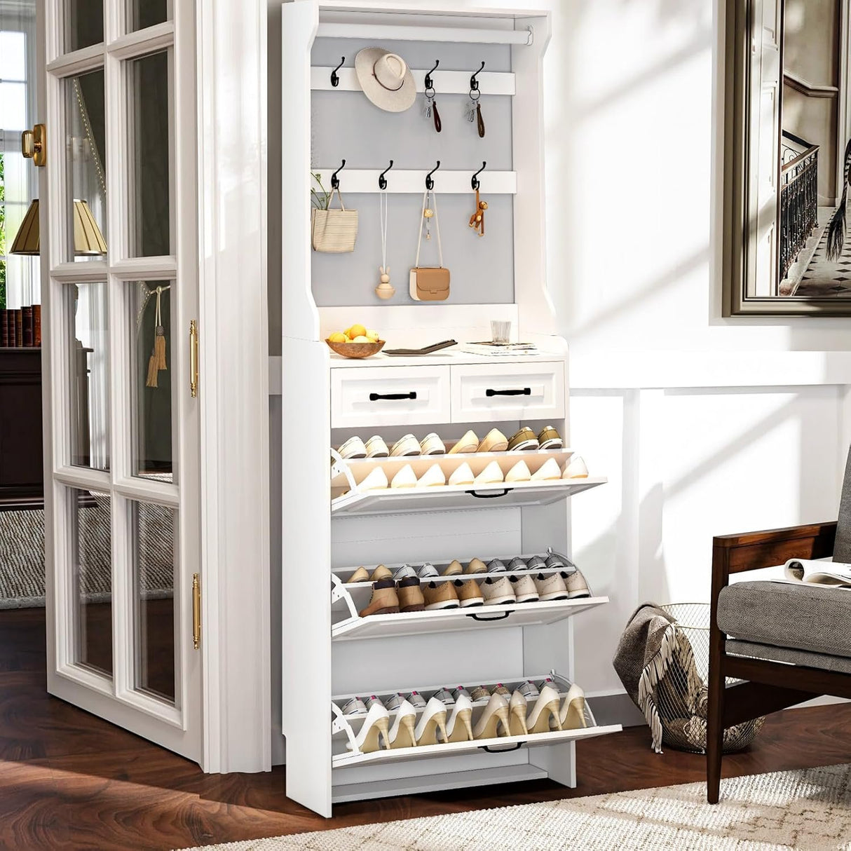Shoe Cabinet for Entryway,Narrow Shoe Storage Organizer Cabinet with 3 Doors 2 Drawers,White Flip Down Shoe Rack with Hooks,Wood Entry Shoe Cabinet for Living Room,Hallway