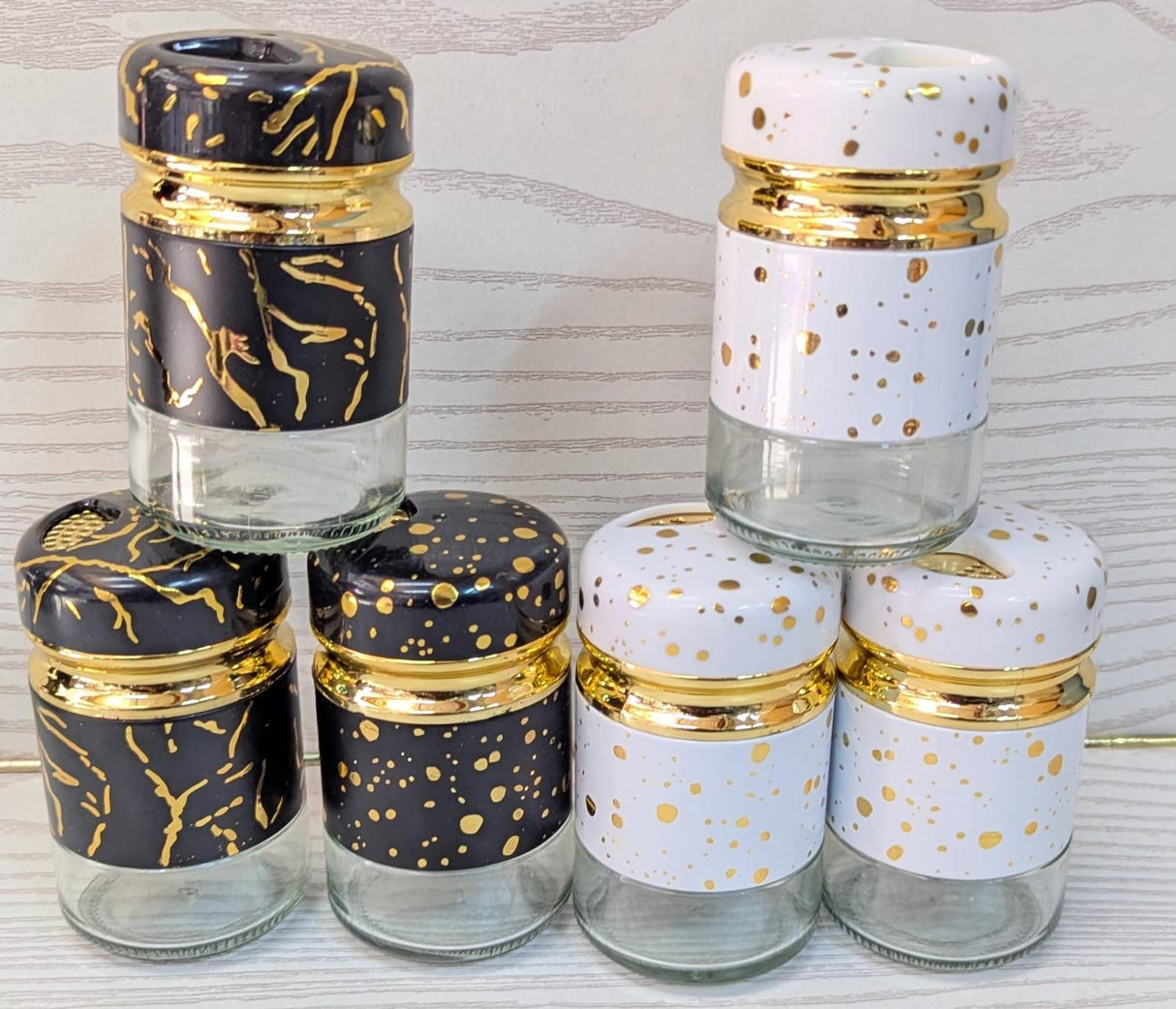 Homes Glass Salt & Pepper Shaker Set – Elegant Gold & Marble Finish Condiment Set for Dining Table