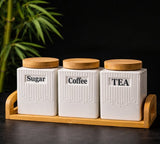 3-Piece Ceramic Canister Set with Bamboo Lids & Tray – Tea, Coffee & Sugar Storage Set
