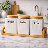 3-Piece Ceramic Canister Set with Bamboo Lids & Tray – Tea, Coffee & Sugar Storage Set