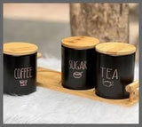 3-Piece Black Porcelain Airtight Canister Set with Bamboo Lids & Wooden Stand – Tea, Coffee & Sugar