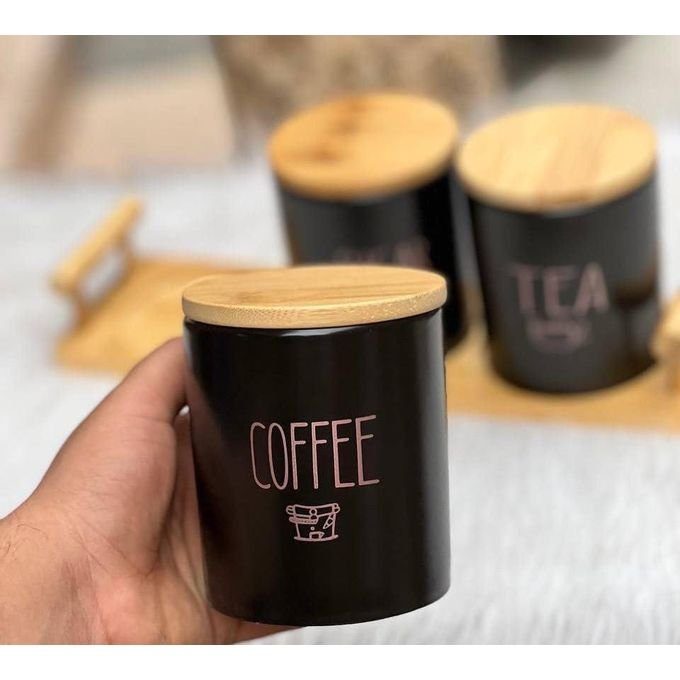 3-Piece Black Porcelain Airtight Canister Set with Bamboo Lids & Wooden Stand – Tea, Coffee & Sugar