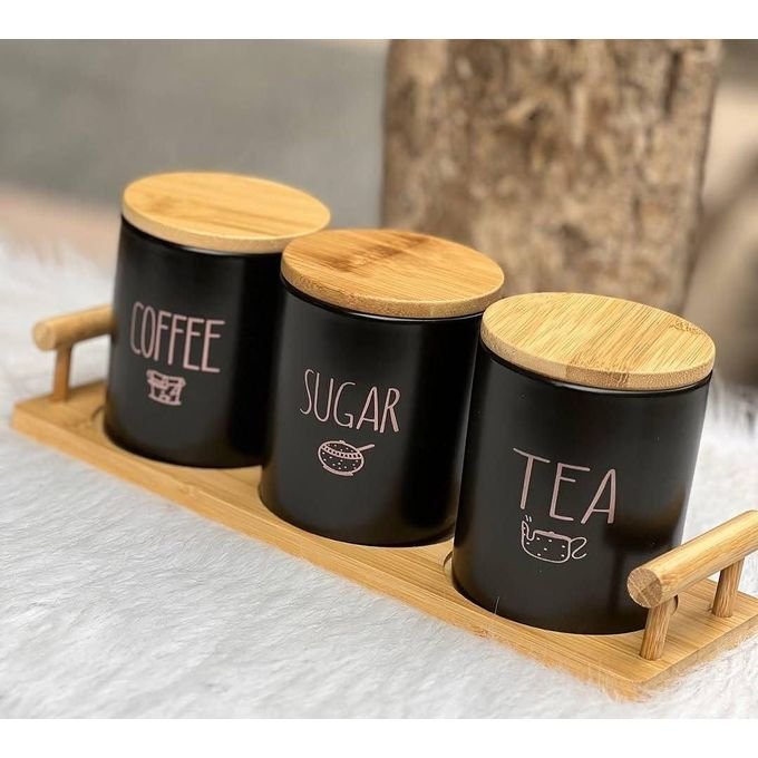 3-Piece Black Porcelain Airtight Canister Set with Bamboo Lids & Wooden Stand – Tea, Coffee & Sugar