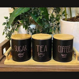 3-Piece Black Porcelain Airtight Canister Set with Bamboo Lids & Wooden Stand – Tea, Coffee & Sugar