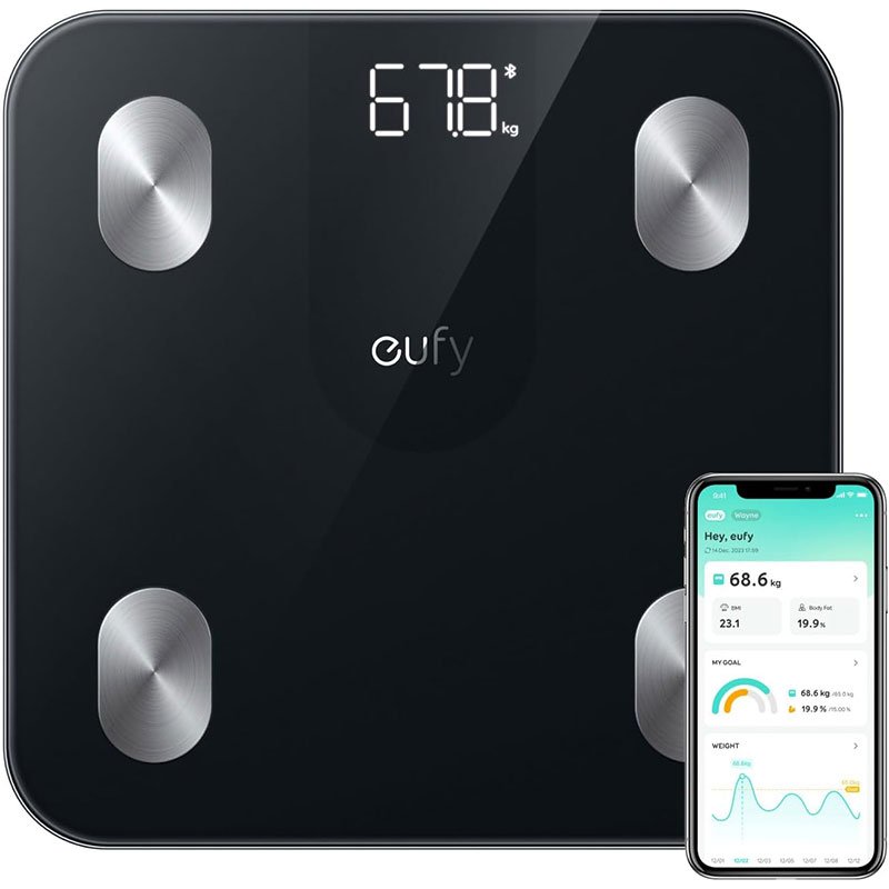 Eufy Smart Scale A1 – 12 Body Measurements, Bluetooth, 16 User Profiles, Compact 26x26cm Design