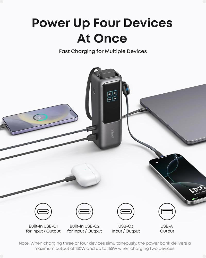 Anker Zolo Power Bank 25000mAh 165W – Built-in Retractable Cables, Fast Charging Portable Charger