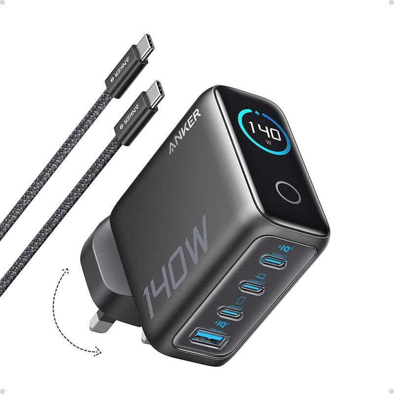 Anker 140W 4-Port GaN Laptop & Multi-Device Charger – Dual USB-C PD 3.1, HD Display, UK Plug