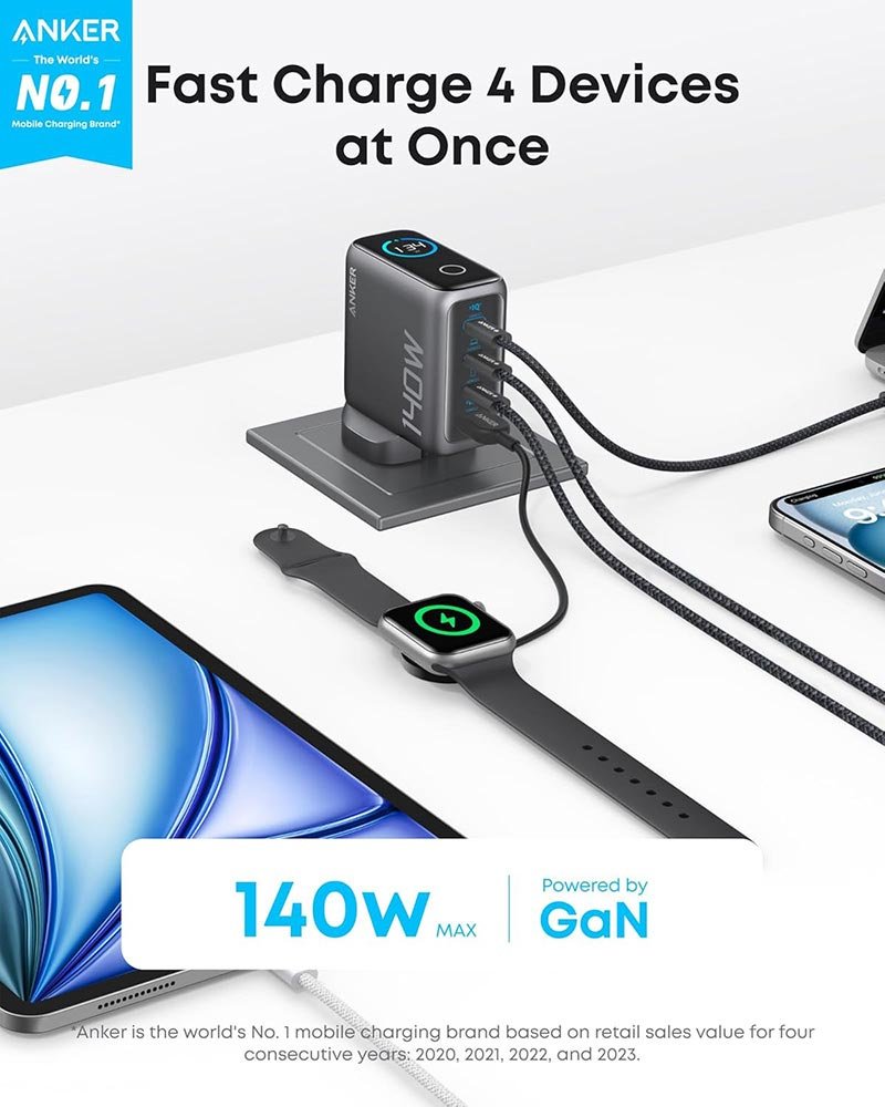Anker 140W 4-Port GaN Laptop & Multi-Device Charger – Dual USB-C PD 3.1, HD Display, UK Plug