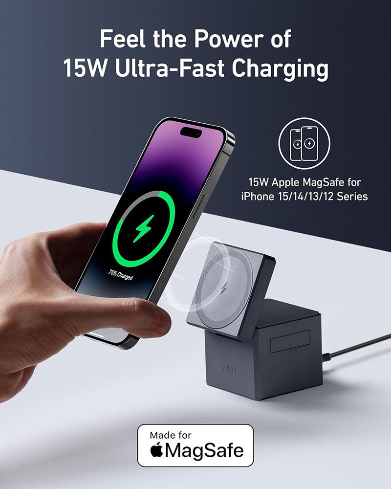 Anker 3-in-1 Cube with MagSafe – 15W Wireless Charger for iPhone, Apple Watch & AirPods, Foldable Travel Charger