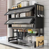 3-Tier Over The Sink Dish Drying Rack & Countertop Organizer Kenya | Over Sink Dish Rack with Flip Cover Doors, Adjustable Metal Kitchen Rack, Cupboard Storage Dish Rack, Dish Drainer with Drainage, Multifunctional Kitchen Storage Rack