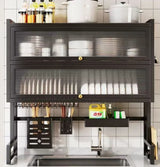 3-Tier Over The Sink Dish Drying Rack & Countertop Organizer Kenya | Over Sink Dish Rack with Flip Cover Doors, Adjustable Metal Kitchen Rack, Cupboard Storage Dish Rack, Dish Drainer with Drainage, Multifunctional Kitchen Storage Rack