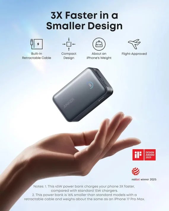 Anker Nano Power Bank 10000mAh 45W | Built-In Retractable USB-C Cable Power Bank