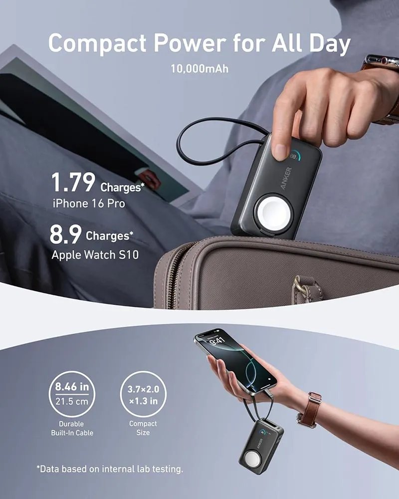 Anker MagGo Power Bank 10000mAh 30W | Built-In USB-C Cable & Apple Watch Charger