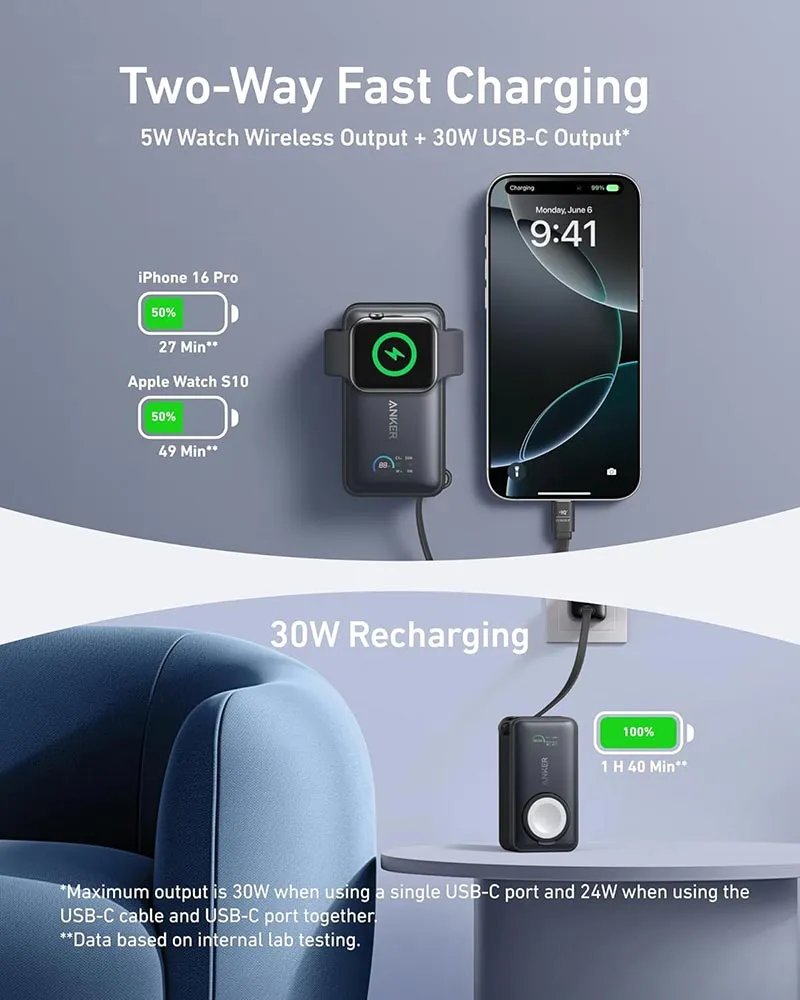 Anker MagGo Power Bank 10000mAh 30W | Built-In USB-C Cable & Apple Watch Charger