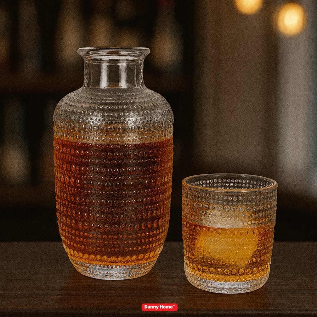 Danny Home Ribbed Glass Water Carafe & Cup Set | 600ml Bedside Carafe with 250ml Glass