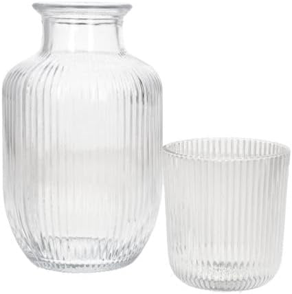 Danny Home Ribbed Glass Water Carafe & Cup Set | 600ml Bedside Carafe with 250ml Glass