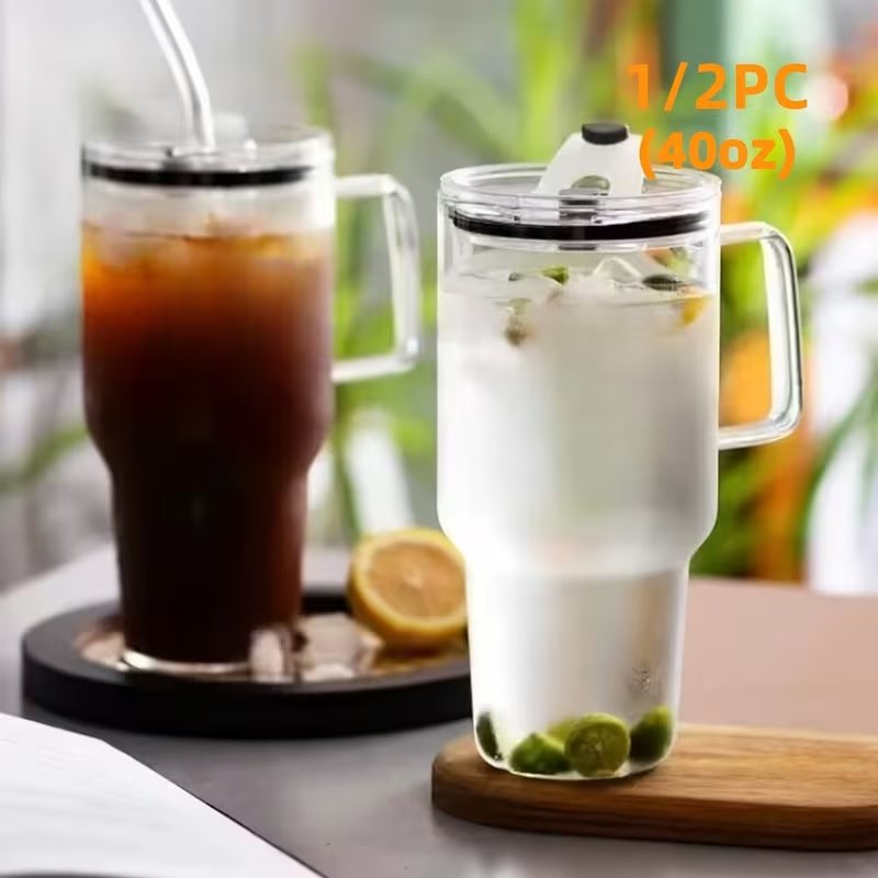 Danny Home 1L Borosilicate Glass Tumbler with Handle, Lid & Straw