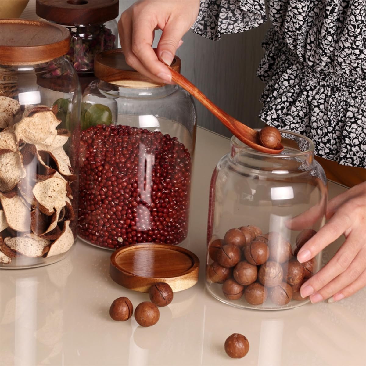 Danny Home Borosilicate Glass Storage Jar with Wooden Lid | Airtight Cereal & Pantry Storage Canister