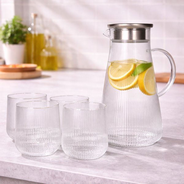 Danny Home 5-Piece Glass Juice Jar & Glasses Set - Borosilicate Pitcher with 2-Way Pour Lid