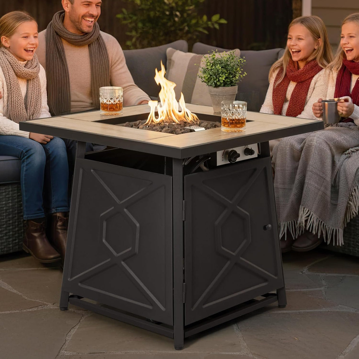 Fire Pit Table Square Outdoor Gas Heater 13KW Lava Rocks Ceramic Tile Top 28 Inch Patio